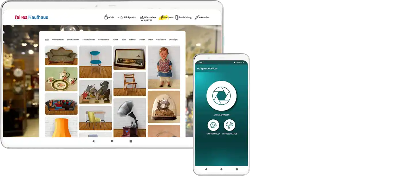 Die Plattform Aufgemoebelt.es auf dem Tablet und die Android-App auf dem Smartphone
